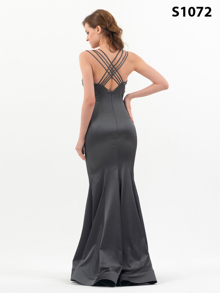 #S1072 Anthracite Hand-Beaded Bodice Gown with Rhinestone Details