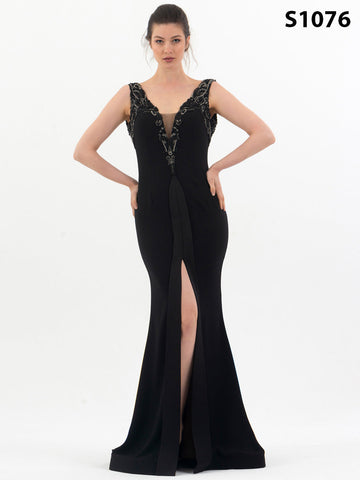 #S1076 Sophisticated Crepe Beaded Dress with Double Layered Slit