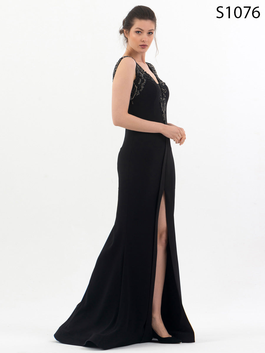 #S1076 Sophisticated Crepe Beaded Dress with Double Layered Slit