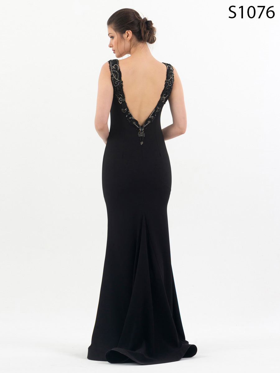 #S1076 Sophisticated Crepe Beaded Dress with Double Layered Slit