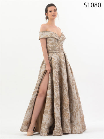 #S1080 Exquisite Flared Jacquard Gown with Side Slit