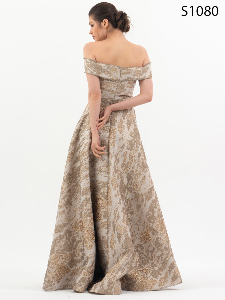 #S1080 Exquisite Flared Jacquard Gown with Side Slit