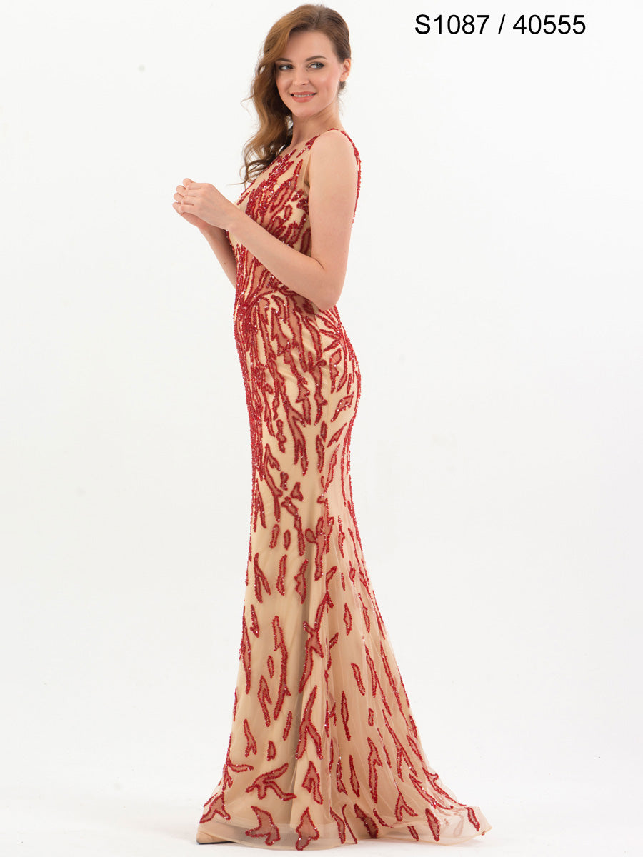 #S1087-40555 Radiant Perfection: Hand-Beaded Couture Sleeveless Gown