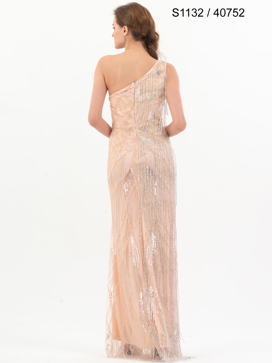 #S1132-40752 Fringe Flair: Exquisite Hand-Beaded Gown