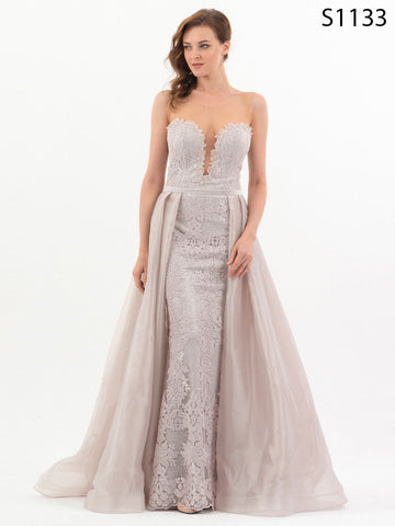 #S1133 Regal Embellished Jacquard Trail Gown