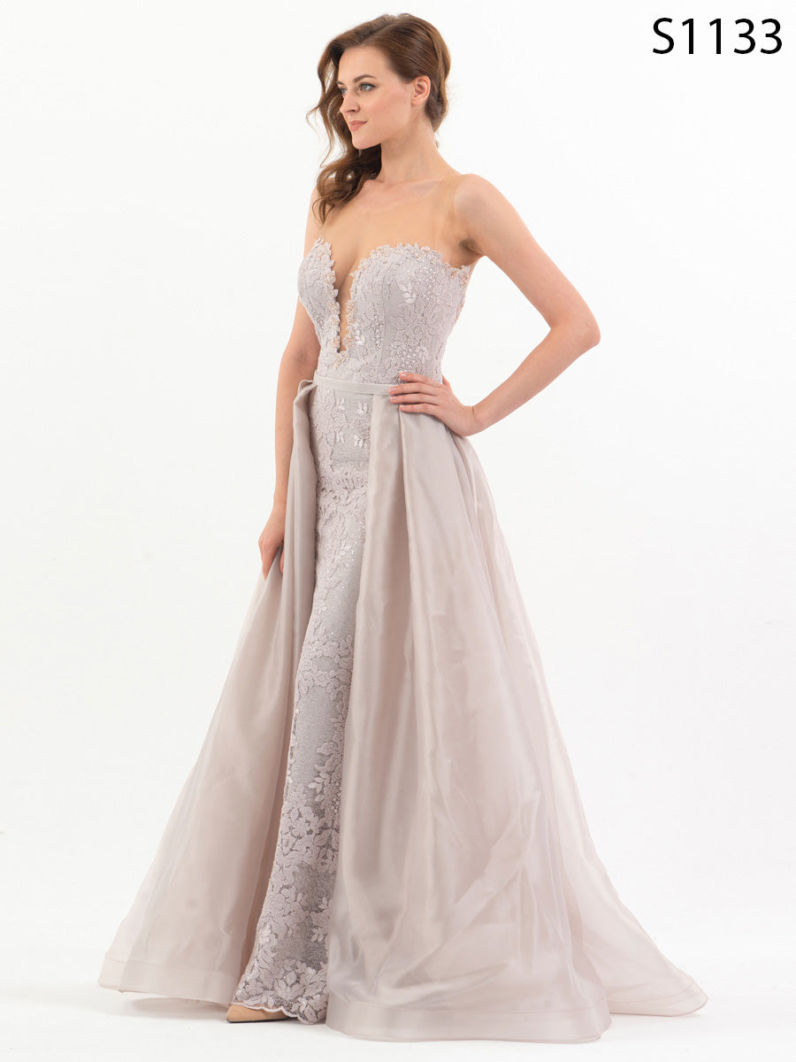 #S1133 Regal Embellished Jacquard Trail Gown