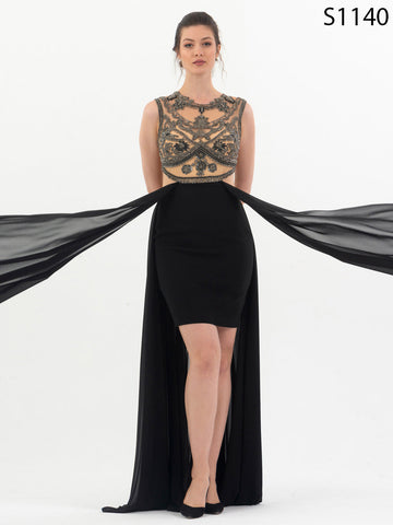 #S1140 Dramatic Black Anthracite Cocktail Dress with Trail