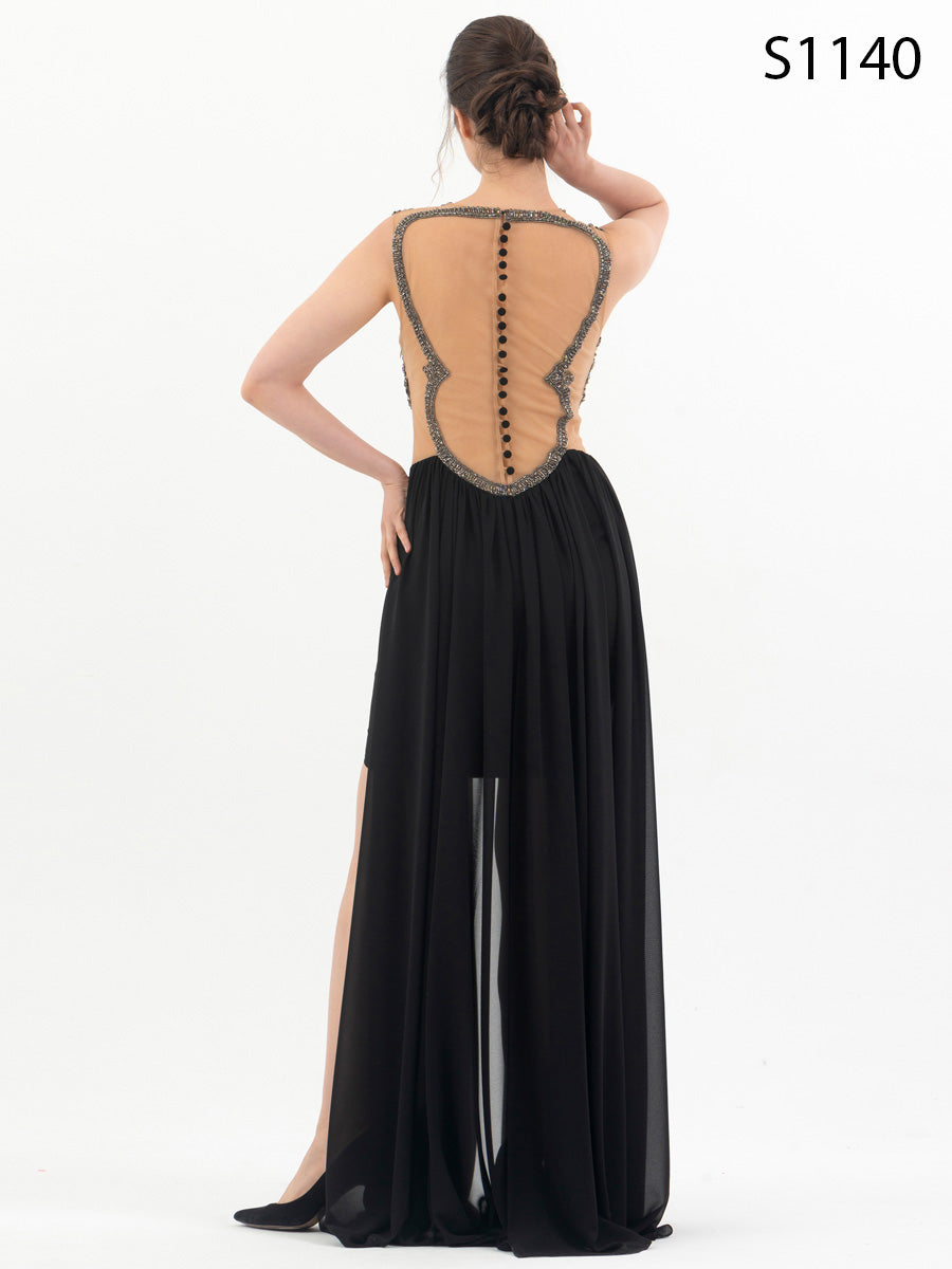 #S1140 Dramatic Black Anthracite Cocktail Dress with Trail