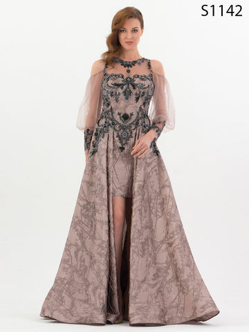 #S1142 Embellished Jacquard Gown with Beaded Tulle Sleeves