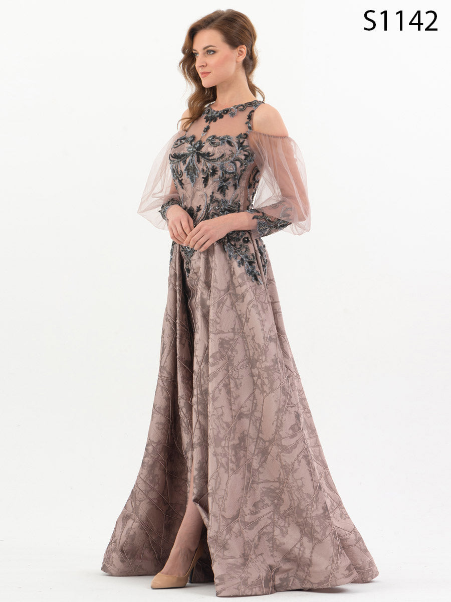 #S1142 Embellished Jacquard Gown with Beaded Tulle Sleeves