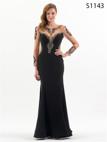 #S1143 Stunning Hand-Beaded Bodice Dress with Flowing Black Crepe Skirt