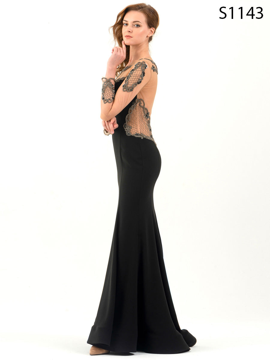 #S1143 Stunning Hand-Beaded Bodice Dress with Flowing Black Crepe Skirt