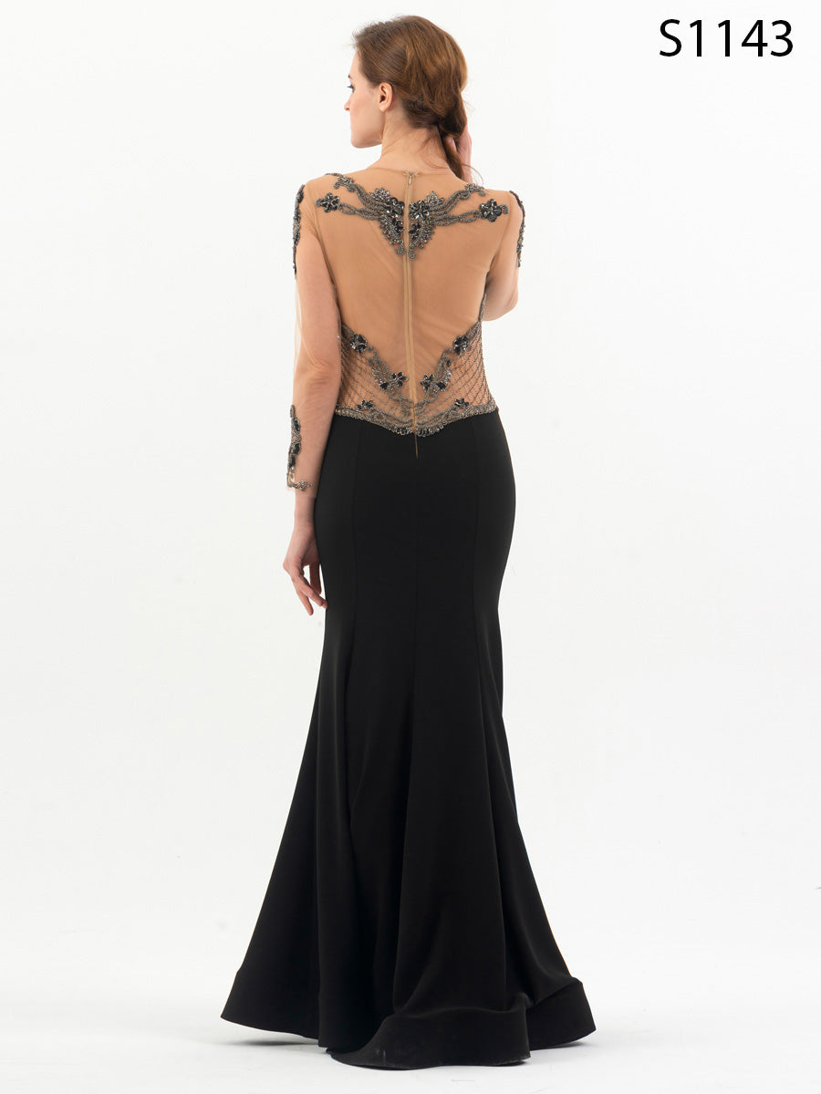 #S1143 Stunning Hand-Beaded Bodice Dress with Flowing Black Crepe Skirt