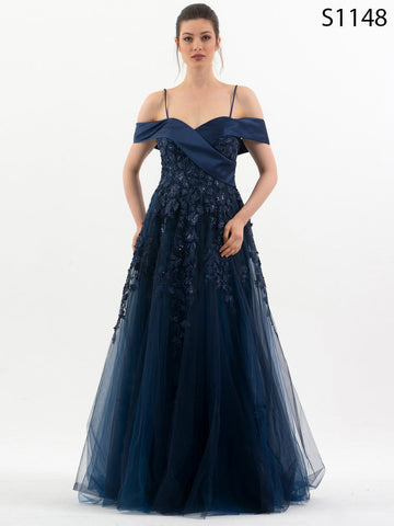 #S1148 Stunning Navy Embellished Appliqué Tulle Dress