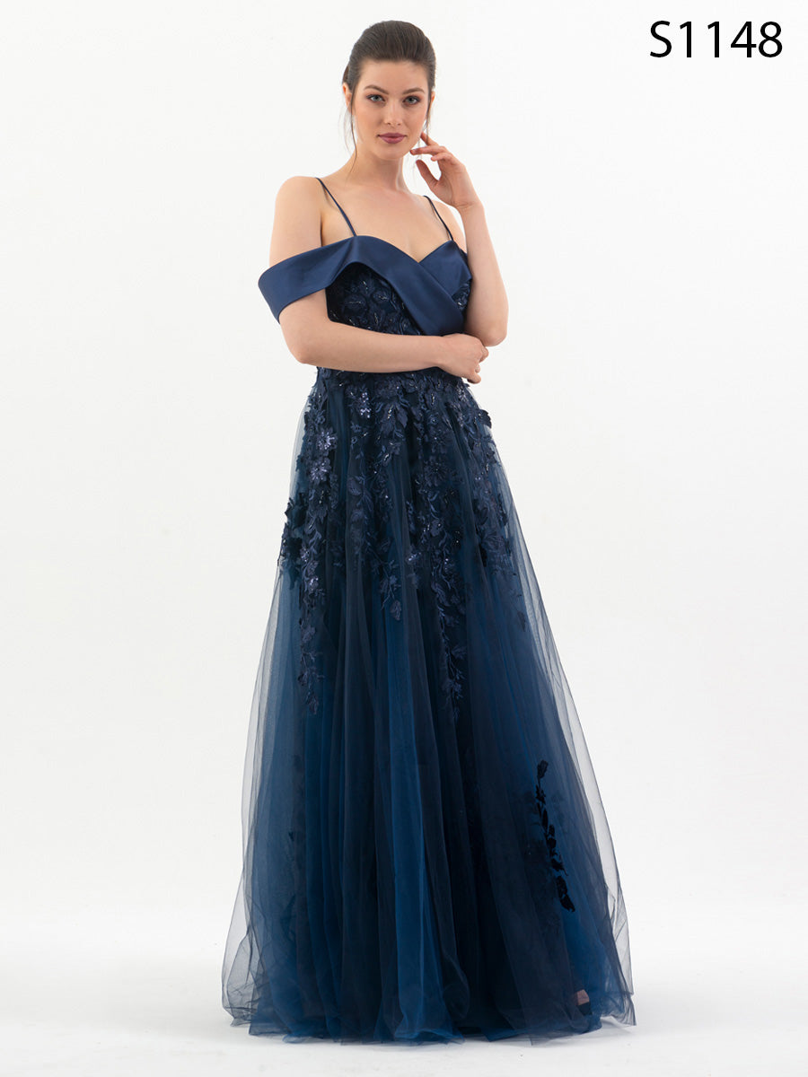 #S1148 Stunning Navy Embellished Appliqué Tulle Dress