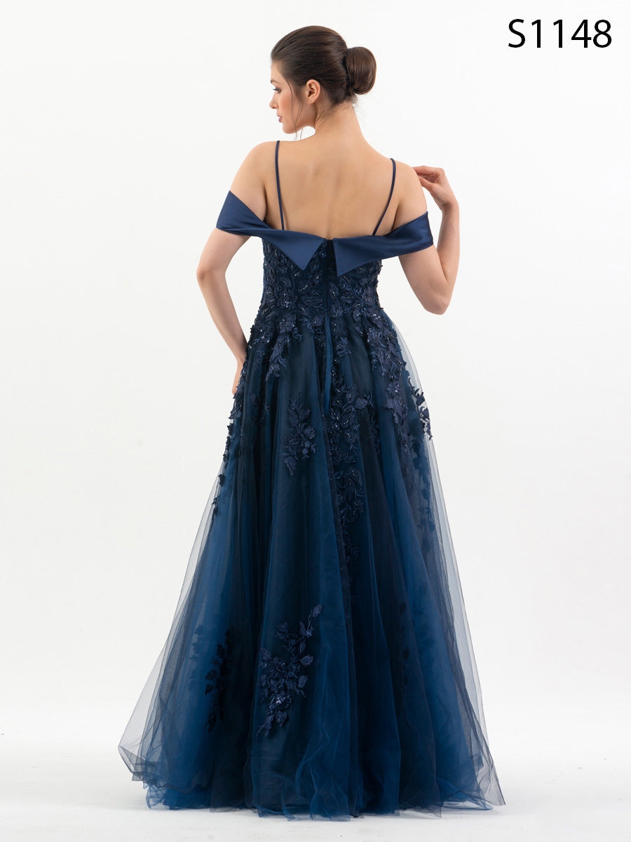 #S1148 Stunning Navy Embellished Appliqué Tulle Dress