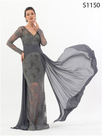 #S1150 Sophisticated Dark Grey Lace & Georgette Hand-Beaded Couture Dress