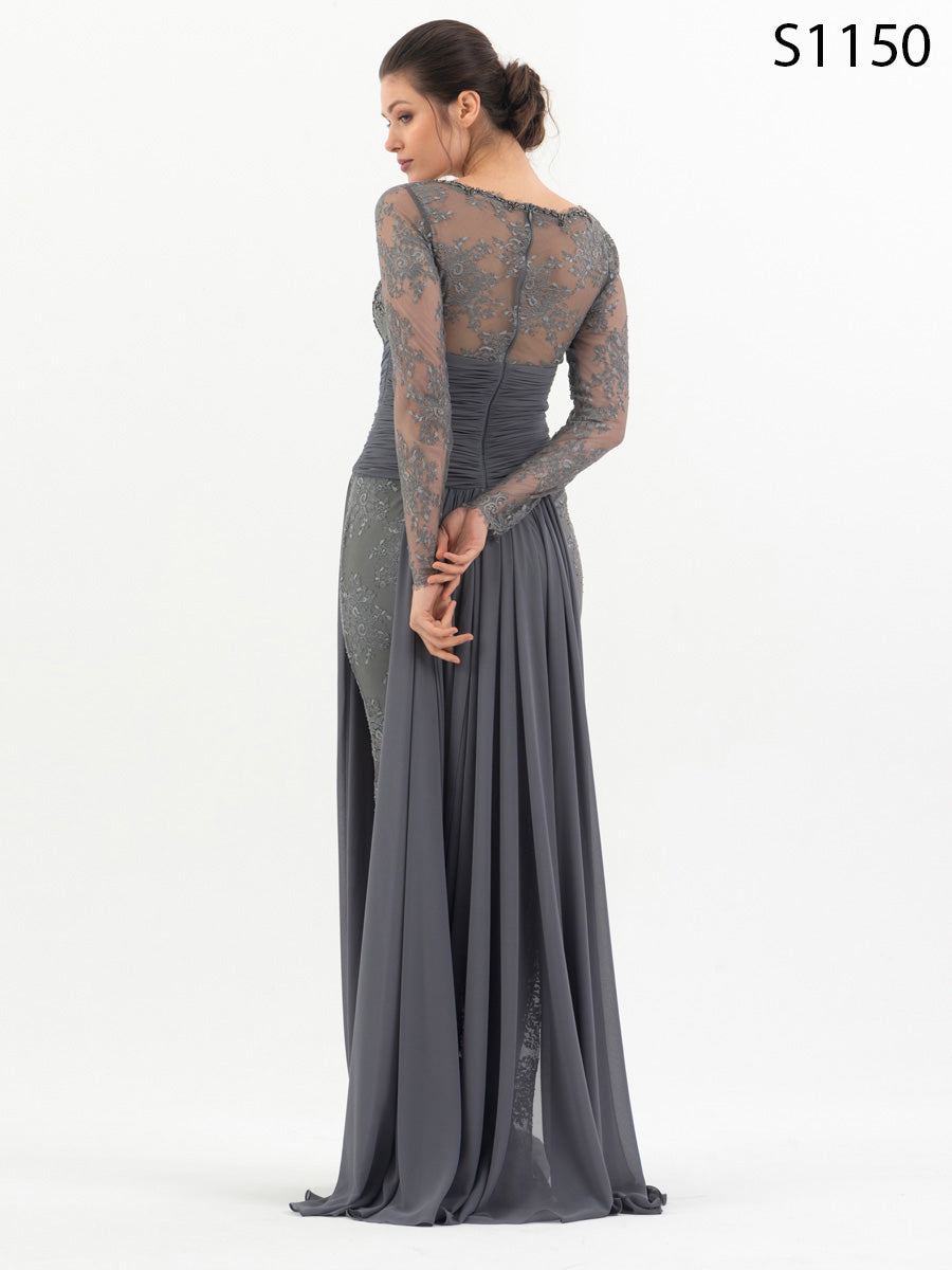 #S1150 Sophisticated Dark Grey Lace & Georgette Hand-Beaded Couture Dress