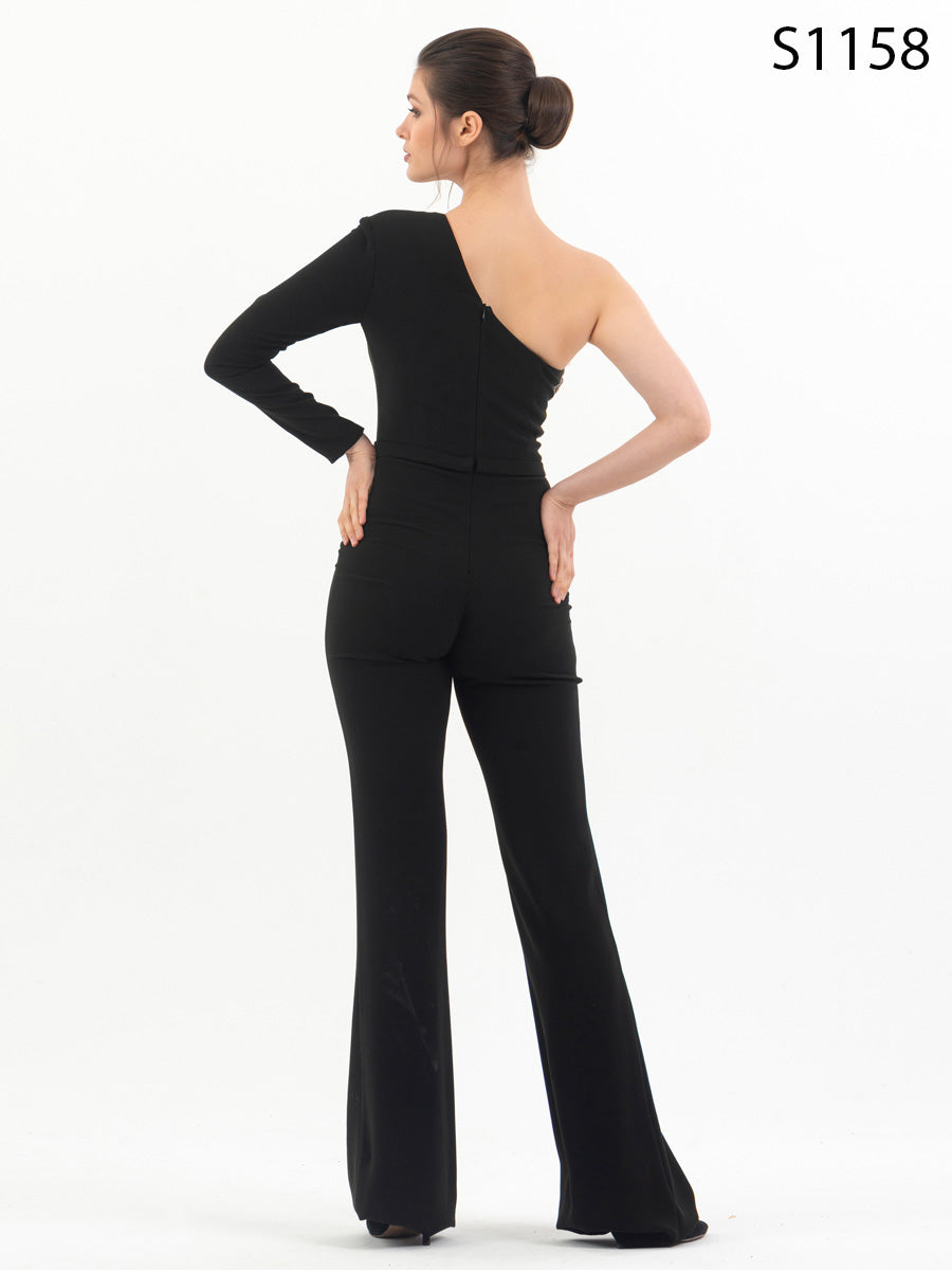 #S1158 Chic One-Shoulder Black Jumpsuit