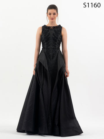 #S1160 Layered Black Jacquard Couture Dress with Hand-Beaded Bodice