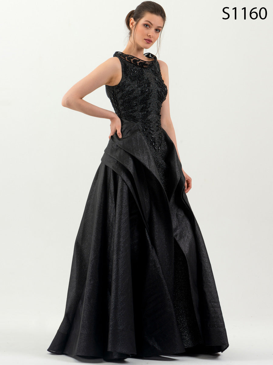 #S1160 Layered Black Jacquard Couture Dress with Hand-Beaded Bodice