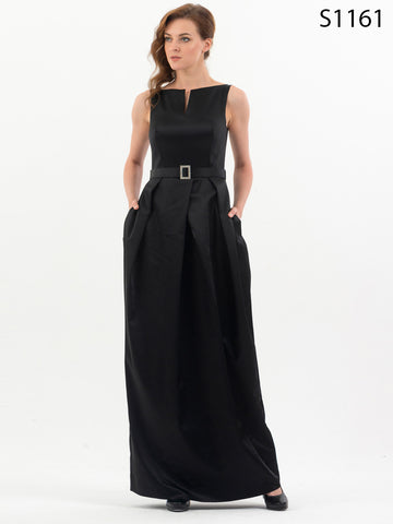 #S1161 Black Satin Dress with Silver Buckled Belt