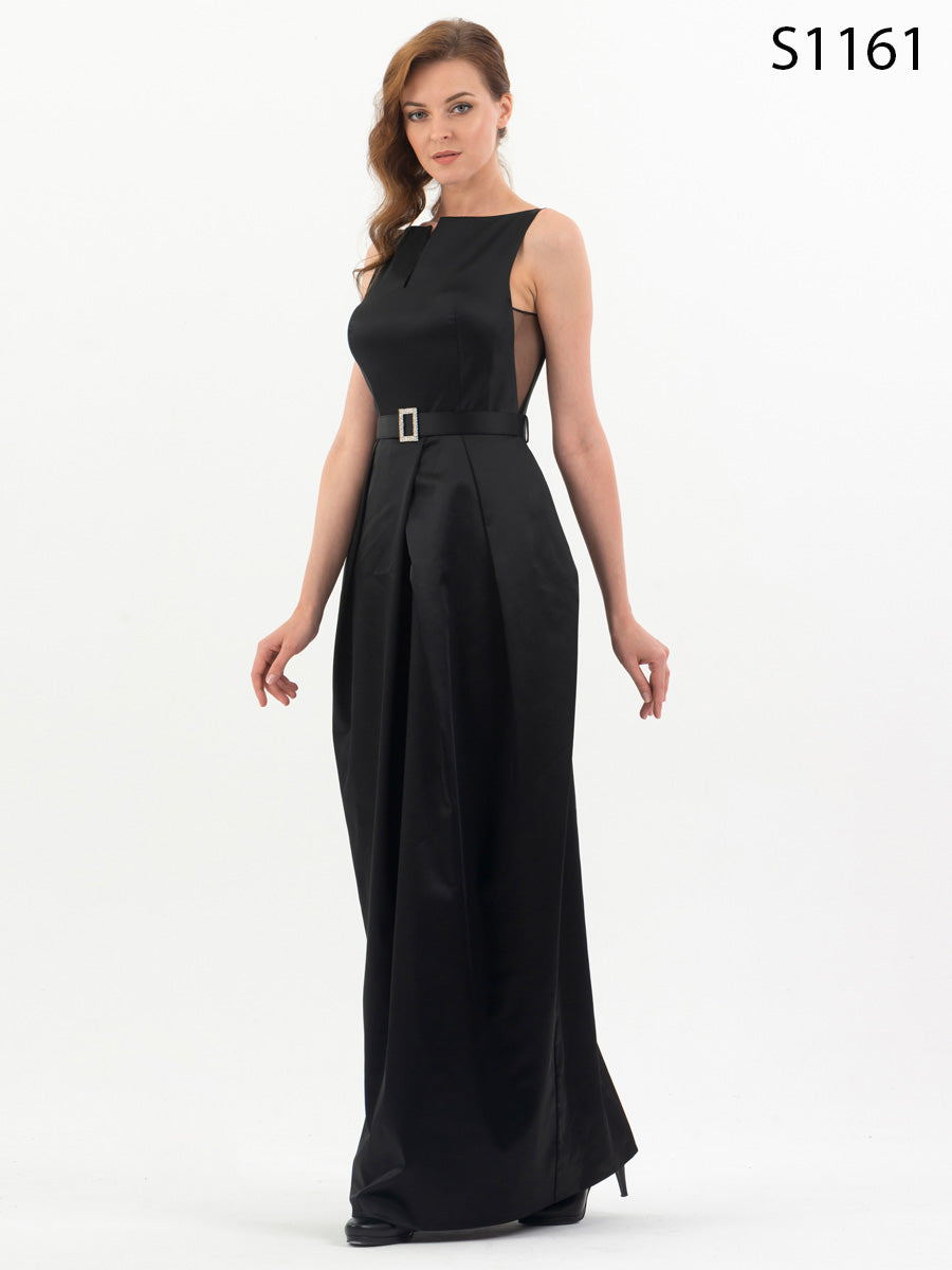 #S1161 Black Satin Dress with Silver Buckled Belt