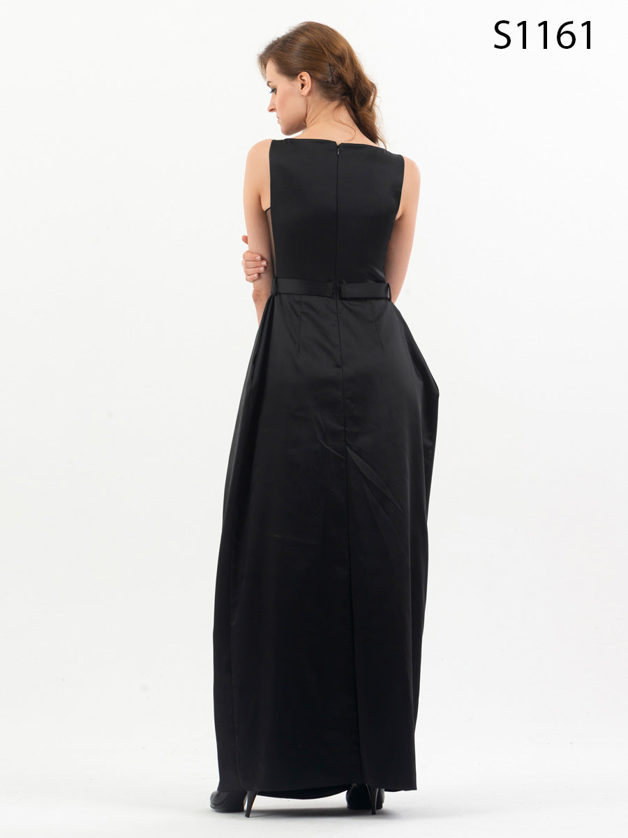 #S1161 Black Satin Dress with Silver Buckled Belt