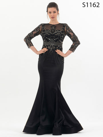 #S1162 Hand-Beaded Crepe Dress with Sleeved Design