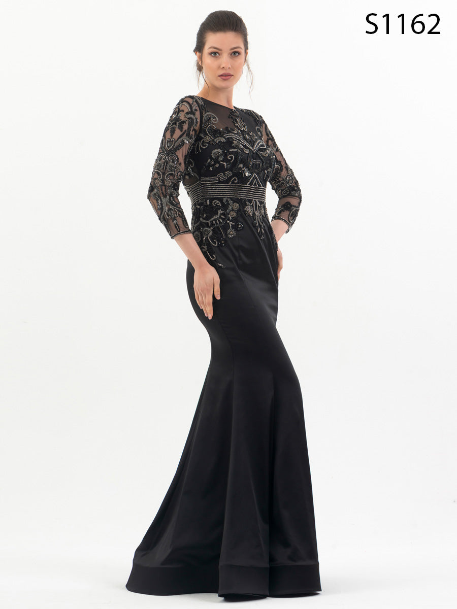 #S1162 Hand-Beaded Crepe Dress with Sleeved Design