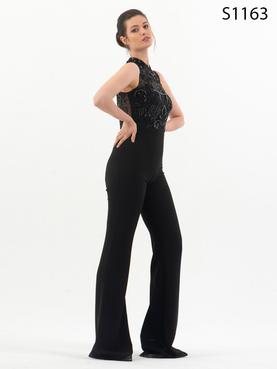 #S1163 Black Crepe Jumpsuit with Hand-Beaded Bodice