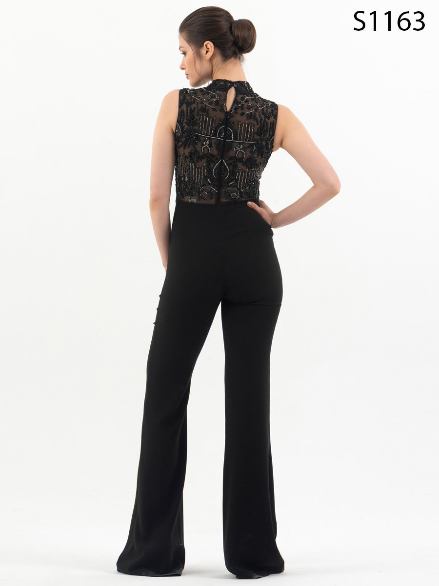 #S1163 Black Crepe Jumpsuit with Hand-Beaded Bodice