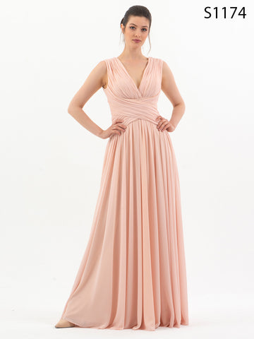 #S1174 Blush Pink Grecian-Inspired Pleated Gown