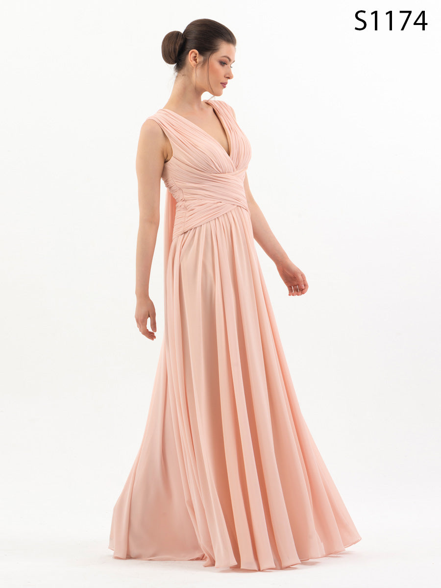 #S1174 Blush Pink Grecian-Inspired Pleated Gown