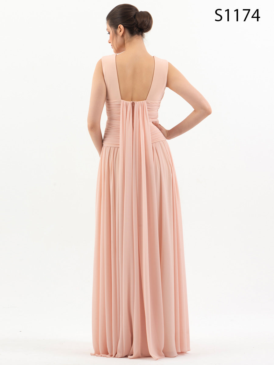 #S1174 Blush Pink Grecian-Inspired Pleated Gown