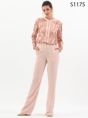 #S1175 Blush Pink Sequin-Embellished Jacket and Trouser Set