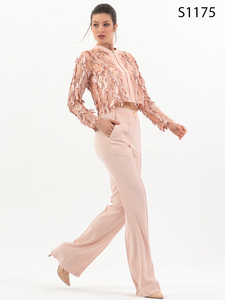 #S1175 Blush Pink Sequin-Embellished Jacket and Trouser Set