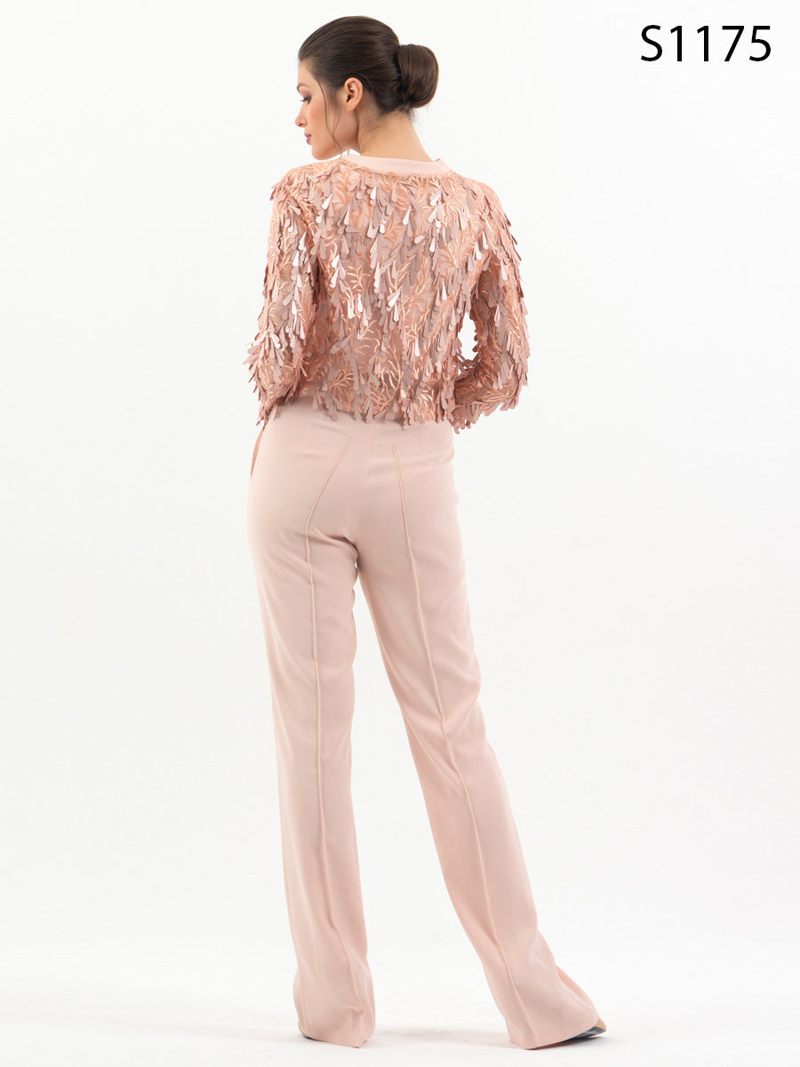 #S1175 Blush Pink Sequin-Embellished Jacket and Trouser Set