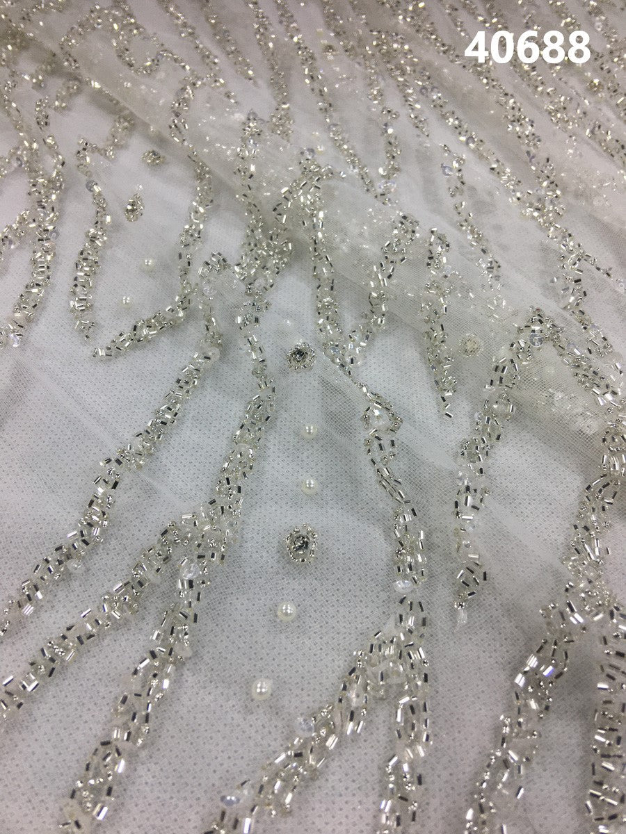 #40688 Luxurious Hand-Beaded Fabric with Delicate Beads, Lustrous Pearls, and Dazzling Sequins in a Striking Modern Wavy Design