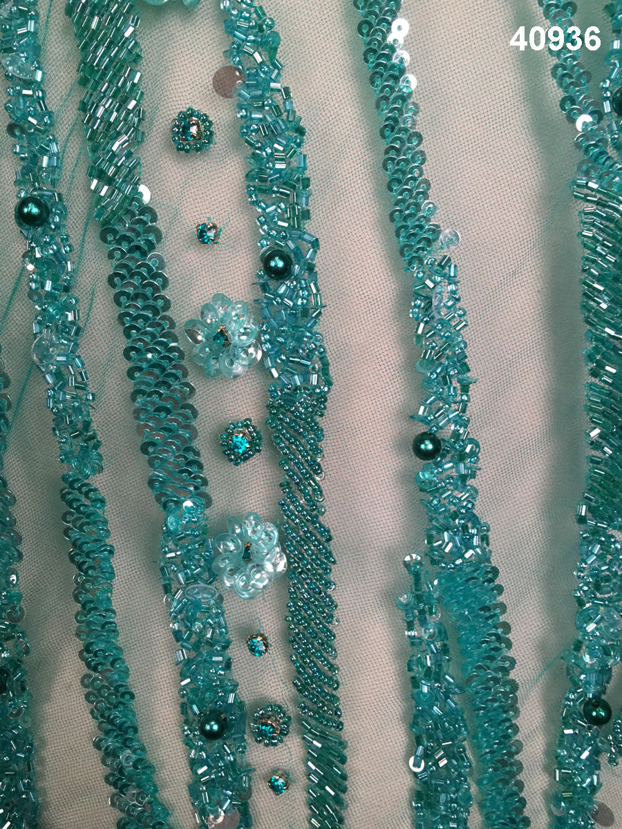 #40936 Geometric Illusion: Hand Beaded Fabric with Intricate Sequin Detailing