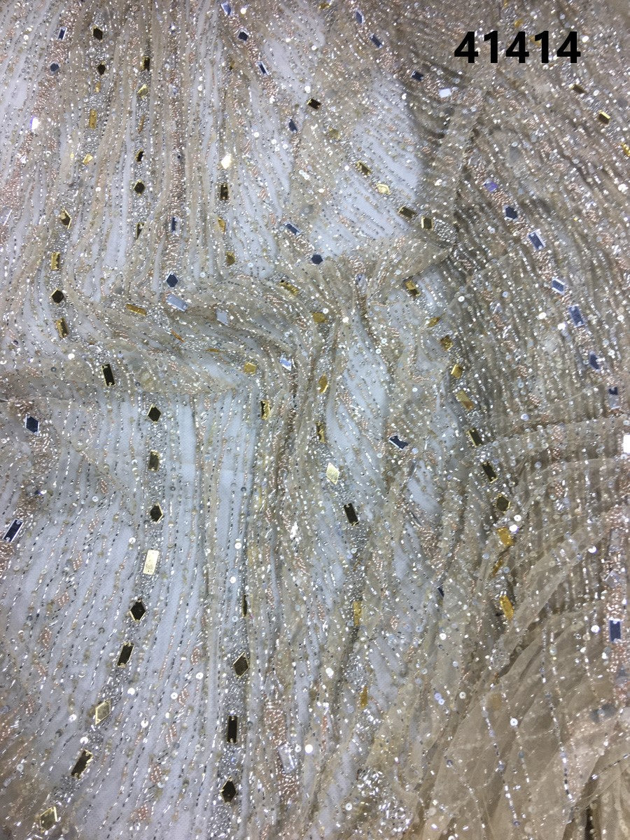 #41414 Artisanal Hand-Beaded Fabric with Intricate Embroidery, Shimmering Beads and Eye-Catching Sequins in a Contemporary Geometric Pattern