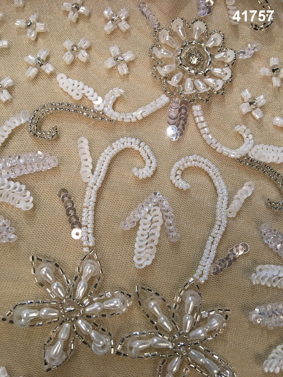 #41757 Enchanting Embellishments: Hand-Beaded Dress Panel featuring Intricate Beads, Pearls, Sequins, and Shimmering Rhinestones