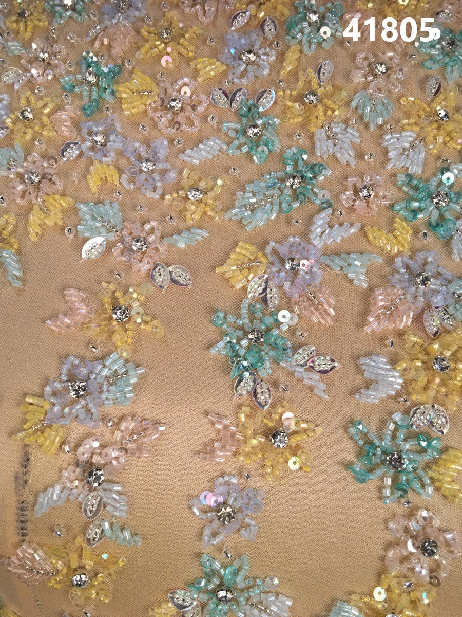 #41805 Delicate Hand-Beaded Fabric with Pastel-Coloured Beads, Sequins, and Rhinestones in a Beautiful Floral Design