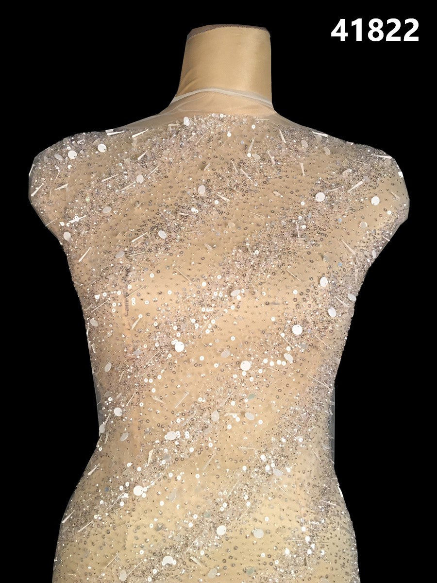 #41822 Stunning Hand Beaded Fabric with Beads and Sequins in a Mesmerizing Geometric Design