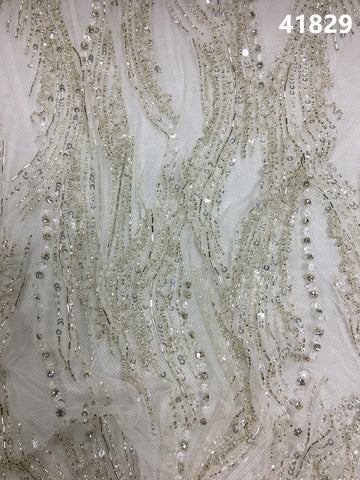 #41829 Fine Hand-Beaded Fabric with a Modern Wavy Design, Adorned with Sparkling Beads, Sequins, Rhinestones, and Pearls