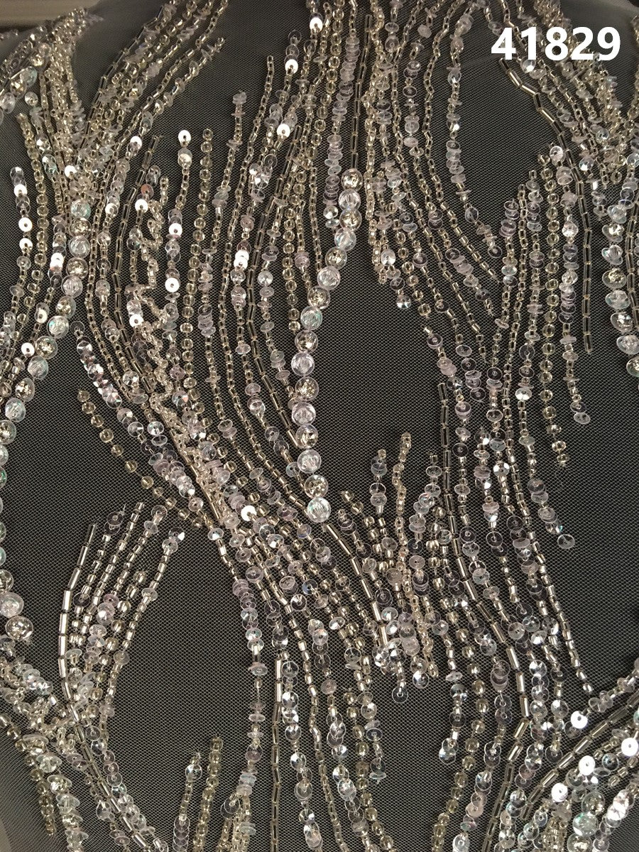 #41829 Fine Hand-Beaded Fabric with a Modern Wavy Design, Adorned with Sparkling Beads, Sequins, Rhinestones, and Pearls