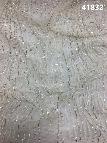 #41832 Elegant Hand-Beaded Fabric with Intricate Geometric Design, Embellished with Shimmering Beads, Sparkling Sequins, and Elegant Pearls