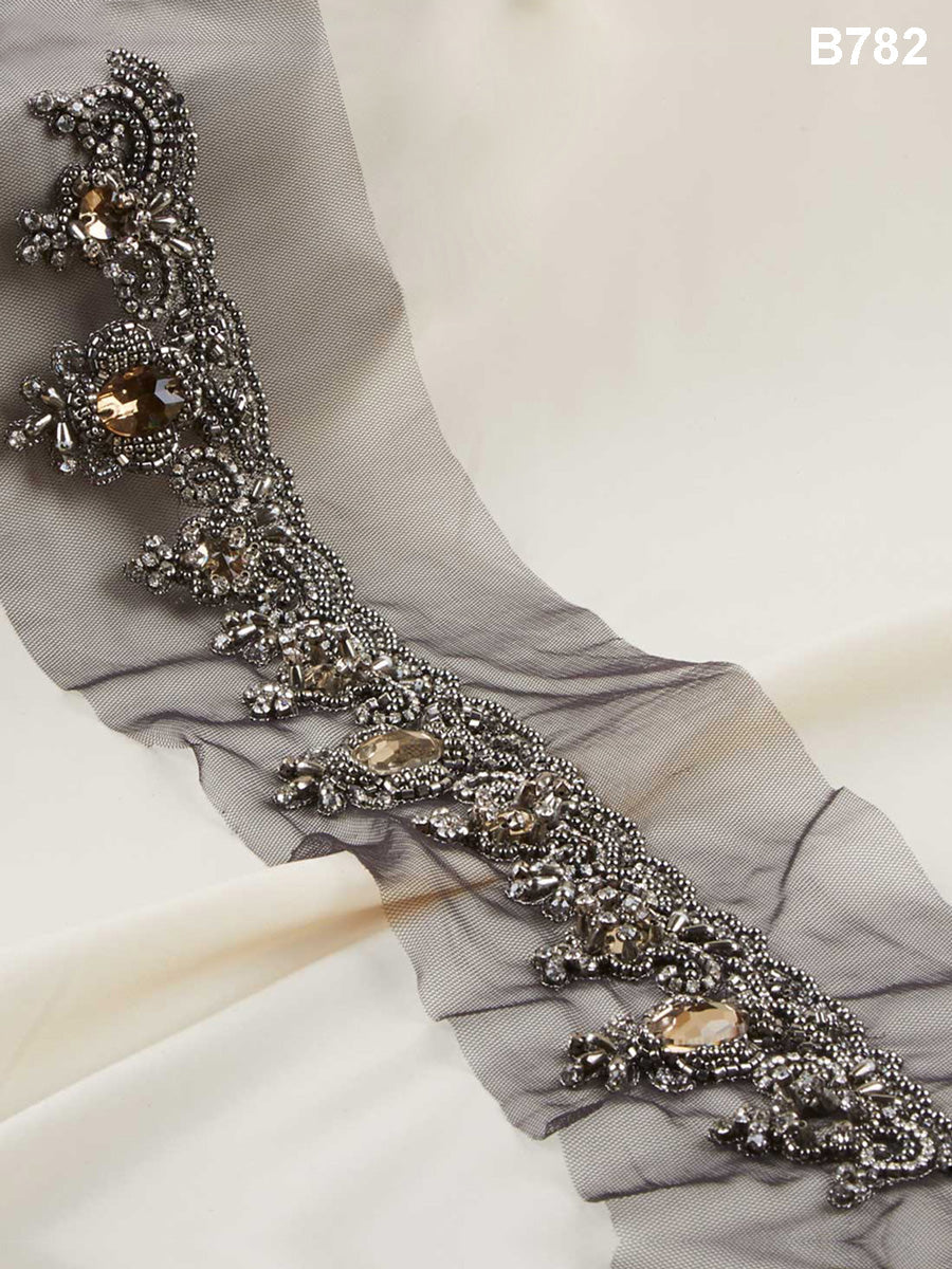 #B0782 Radiant Opulence: Stunning Hand-Beaded Trim with Beads, Sequins, and Rhinestones