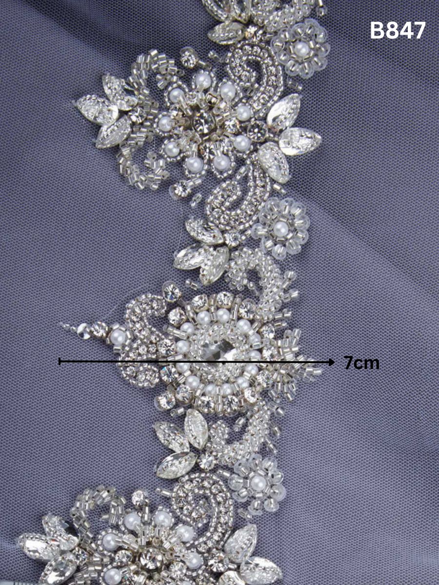 #B0847 Enchanting Elegance: Intricate Hand-Beaded Trim with Beads, Sequins, and Rhinestones