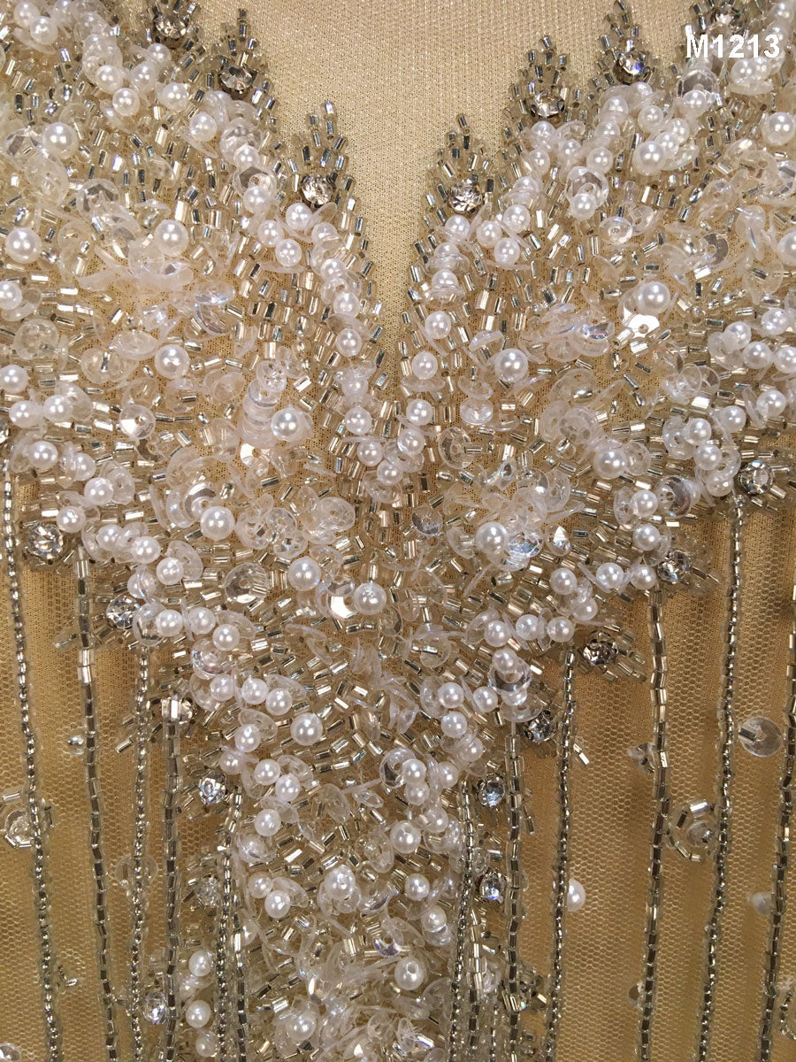 #M1213 Pearlized Opulence Hand Beaded Bustier - An Exquisite Fusion of Beads, Sequins, Pearls, and Rhinestones in A Contemporary Pattern